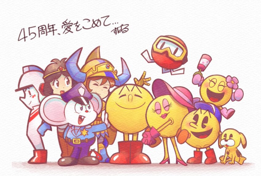 1girl, 2girls, 6+boys, animal, anniversary, blush_stickers, boots, brown_eyes