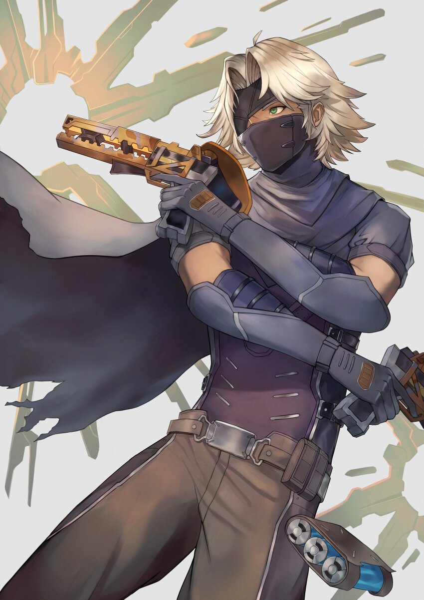 1boy, absurdres, belt, black_cape, blonde_hair, brown_pants, cape, commentary