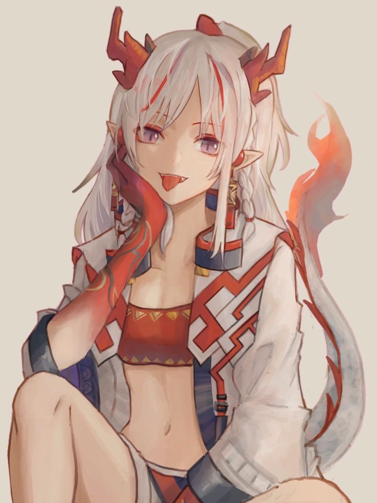 1girl, arknights, bandeau, braid, breasts, collarbone, colored_extremities, colored_skin