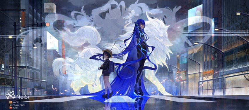 2boys, absurdly_long_hair, age_comparison, amanozako_(megami_tensei), artist_name, ass, black_bodysuit, blue_hair, bodysuit, character_request, city, demon_(megami_tensei), fionn_mac_cumhaill_(megami_tensei), forneus_(megami_tensei), hashtag-only_commentary, hat, hayataro_(megami_tensei), highres, holding, holding_umbrella, idunn_(megami_tensei), ishtar_(megami_tensei), khonsu_(megami_tensei), lamppost, long_hair, male_focus, mot_(megami_tensei), multiple_boys, nahobeeho, night, noisi, outdoors, protagonist_(aogami_nahobino)_(smtv), protagonist_(smtv), puddle, rain, reflection, road, school_hat, shin_megami_tensei, shin_megami_tensei_v, shin_megami_tensei_v:_vengeance, street, thoth_(megami_tensei), tokyo_(city), tokyo_tower, traffic_light, trap, tsukuyomi_(megami_tensei), twitter_username, umbrella, vasuki_(megami_tensei), very_long_hair, zeus_(megami_tensei)