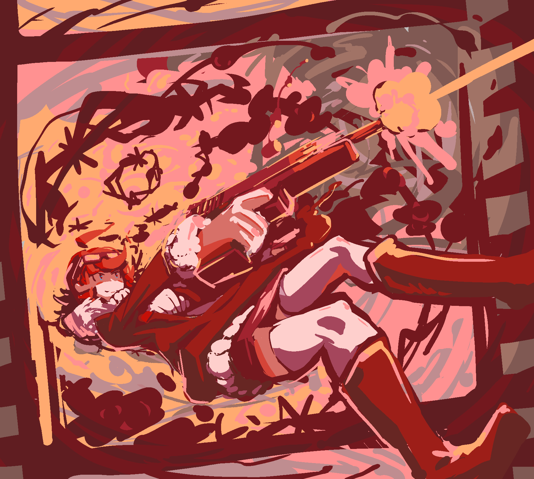 1girl, barbed_wire, boots, firing, fur-trimmed_jacket, fur_trim, g0urmand, gun