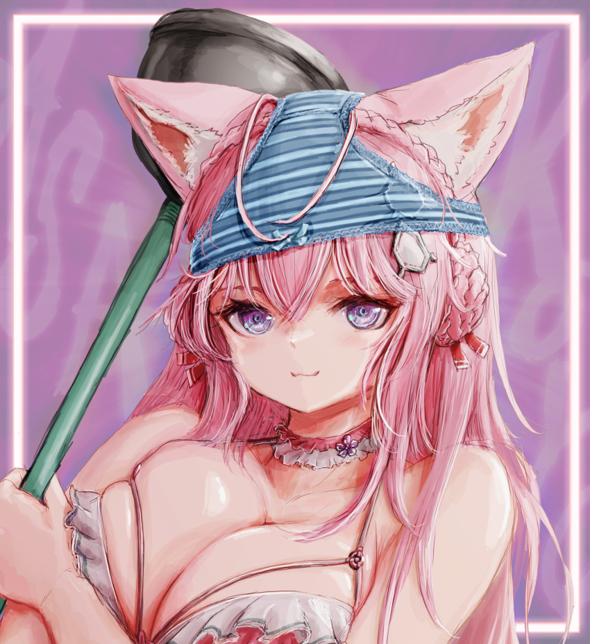 1girl, :3, animal_ears, antenna_hair, bare_shoulders, bikini, blue_panties, braid