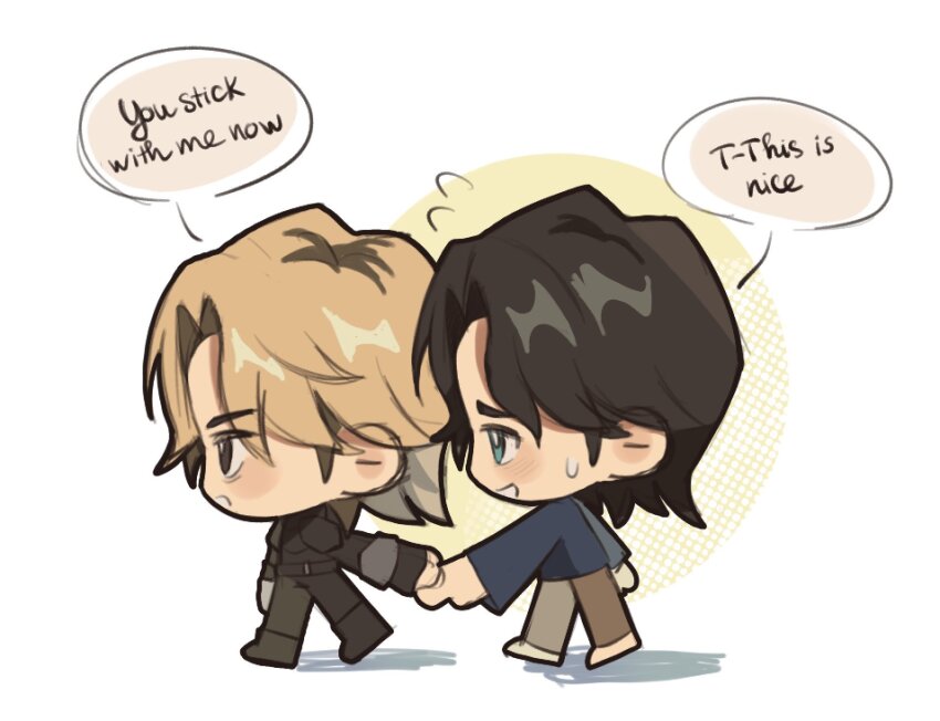 1boy, 1girl, animification, barefoot, belt, black_belt, black_bodysuit, black_boots, black_gloves, black_hair, blonde_hair, blue_eyes, blue_shirt, blush, bodysuit, boots, brown_eyes, brown_pants, chibi, chibi_only, english_text, fingerless_gloves, flying_sweatdrops, gloves, highres, holding_hands, long_sleeves, looking_to_the_side, lucidnx_c227, marvel, open_mouth, pants, sentry_(marvel), shadow, shirt, short_hair, simple_background, smile, speech_bubble, superhero_costume, sweatdrop, thunderbolts_(movie), walking, white_background, wide_sleeves, yelena_belova