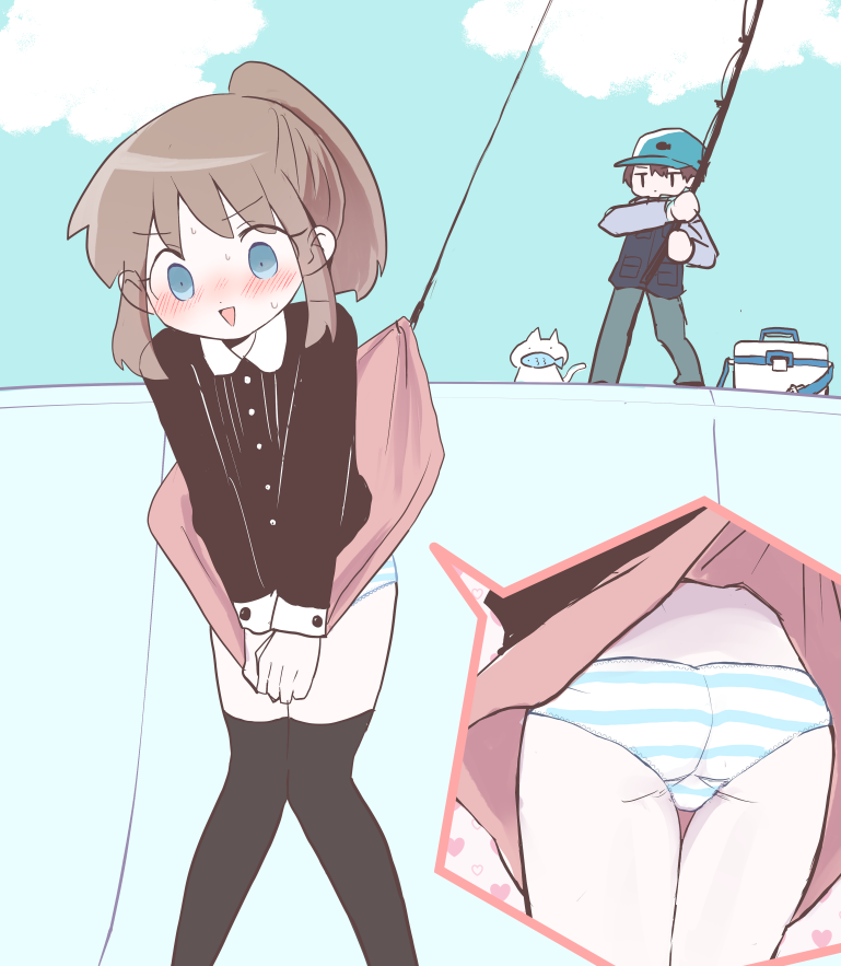 1boy, 1girl, :d, animal, bad_id, bad_pixiv_id, black_shirt, black_thighhighs