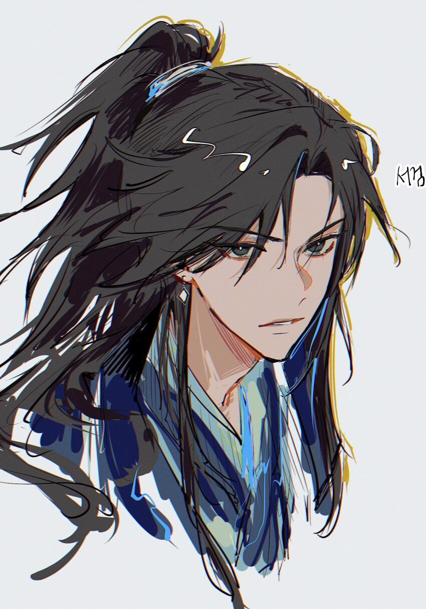 1boy, black_hair, blue_hanfu, chinese_clothes, earrings, grey_eyes, half_updo, hanfu