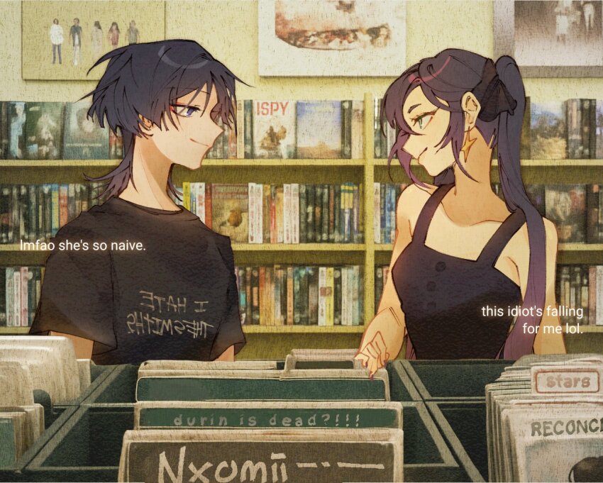 1boy, 1girl, black_hair, dvd_case, earrings, english_text, genshin_impact, green_eyes, hair_ribbon, jewelry, long_hair, mona_(genshin_impact), movie_reference, nxomii_herx, purple_eyes, purple_hair, record_jacket, ribbon, scaramouche_(genshin_impact), shop, star_(symbol), star_earrings, twintails, vinyl_record