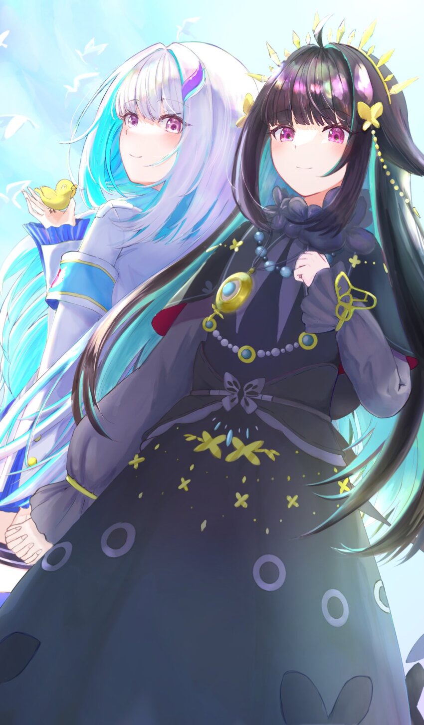 2girls, ahoge, aqua_hair, armband, belt, bird, bird_on_hand, black_belt