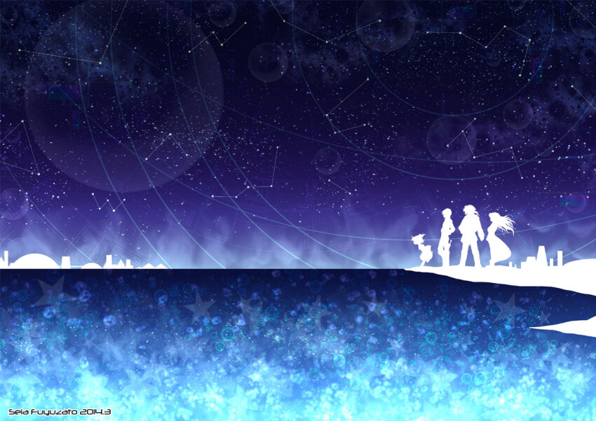 2boys, 2girls, aine_(hoshi_wo_miru_hito), artist_name, boots, child, commentary_request, constellation