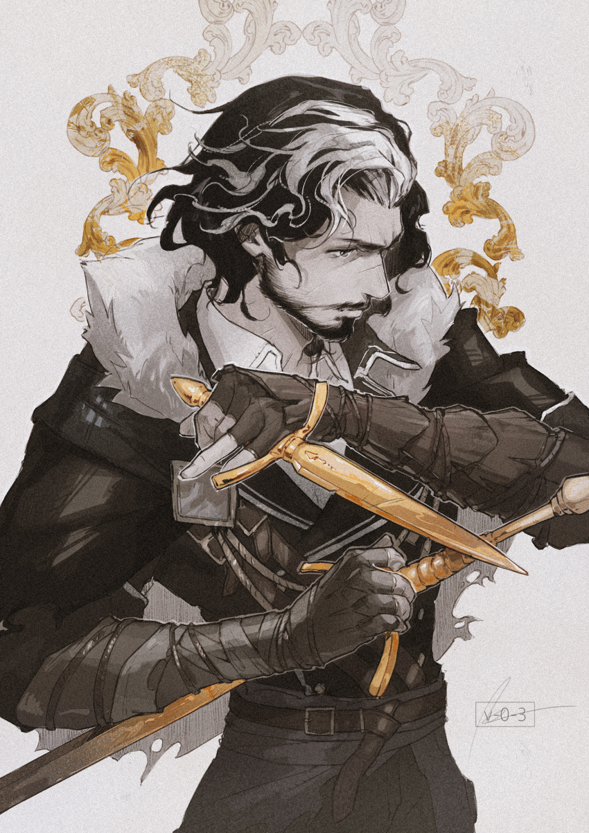 1boy, beard, belt, belt_buckle, buckle, clair_obscur:_expedition_33, commentary, cowboy_shot, curtained_hair, dagger, dual_wielding, english_commentary, facial_hair, filigree, fingerless_gloves, fur-trimmed_jacket, fur_trim, gloves, highres, holding, holding_dagger, holding_knife, holding_sword, holding_weapon, jacket, knife, looking_ahead, male_focus, multicolored_hair, pants, reverse_grip, solo, standing, streaked_hair, sword, verso_(clair_obscur:_expedition_33), vizerothree, weapon