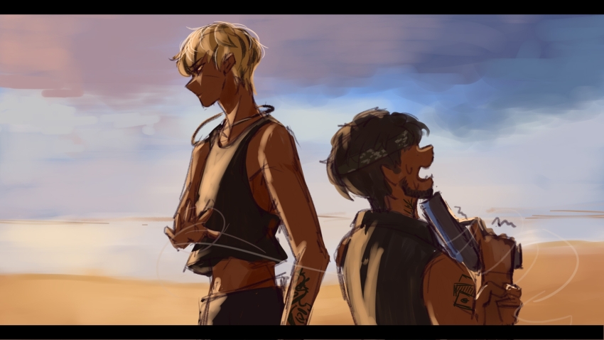 2boys, arm_tattoo, back-to-back, bare_arms, bare_shoulders, beard, black_border, black_headband