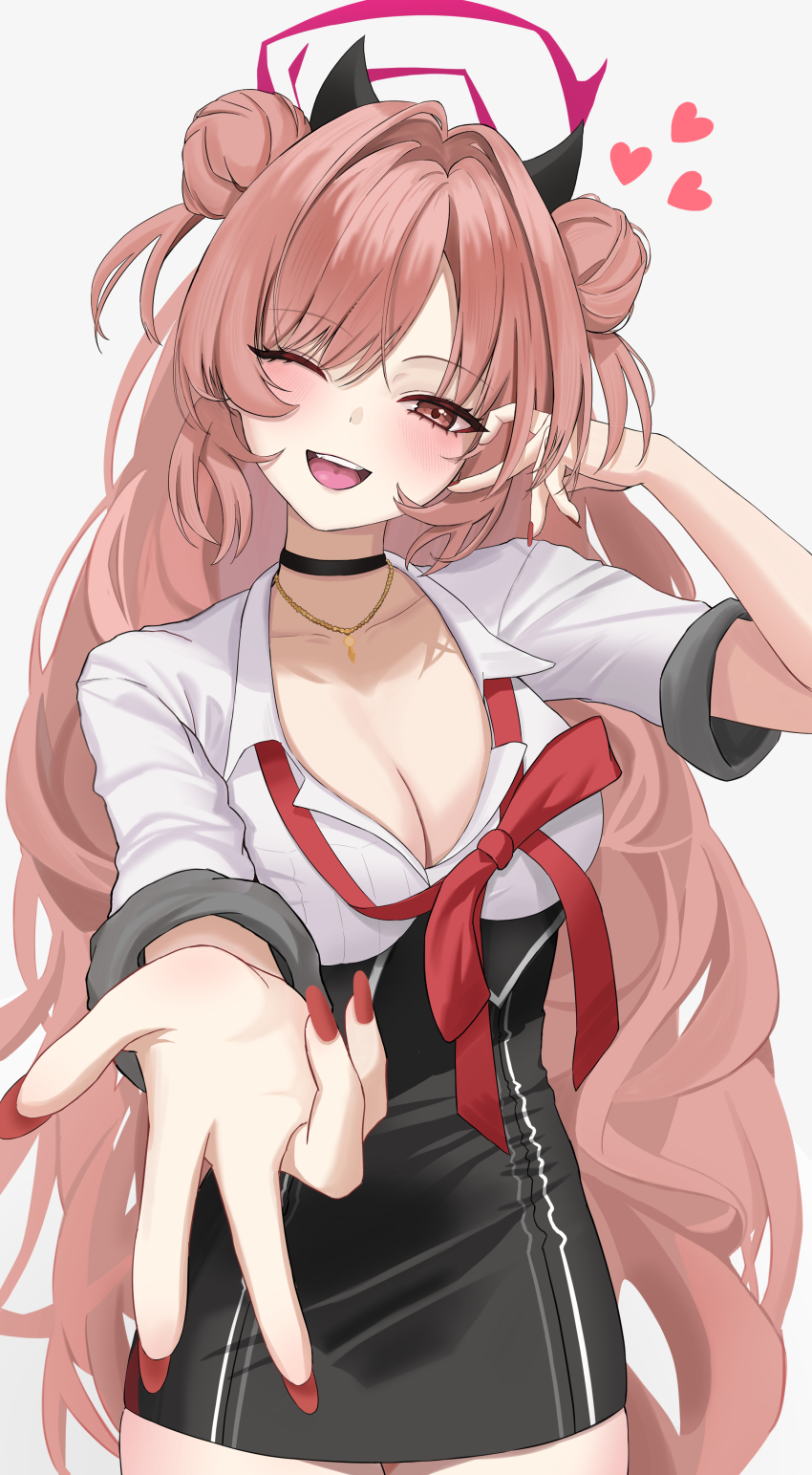 1girl, absurdres, black_choker, black_horns, black_skirt, blue_archive, blush, breasts