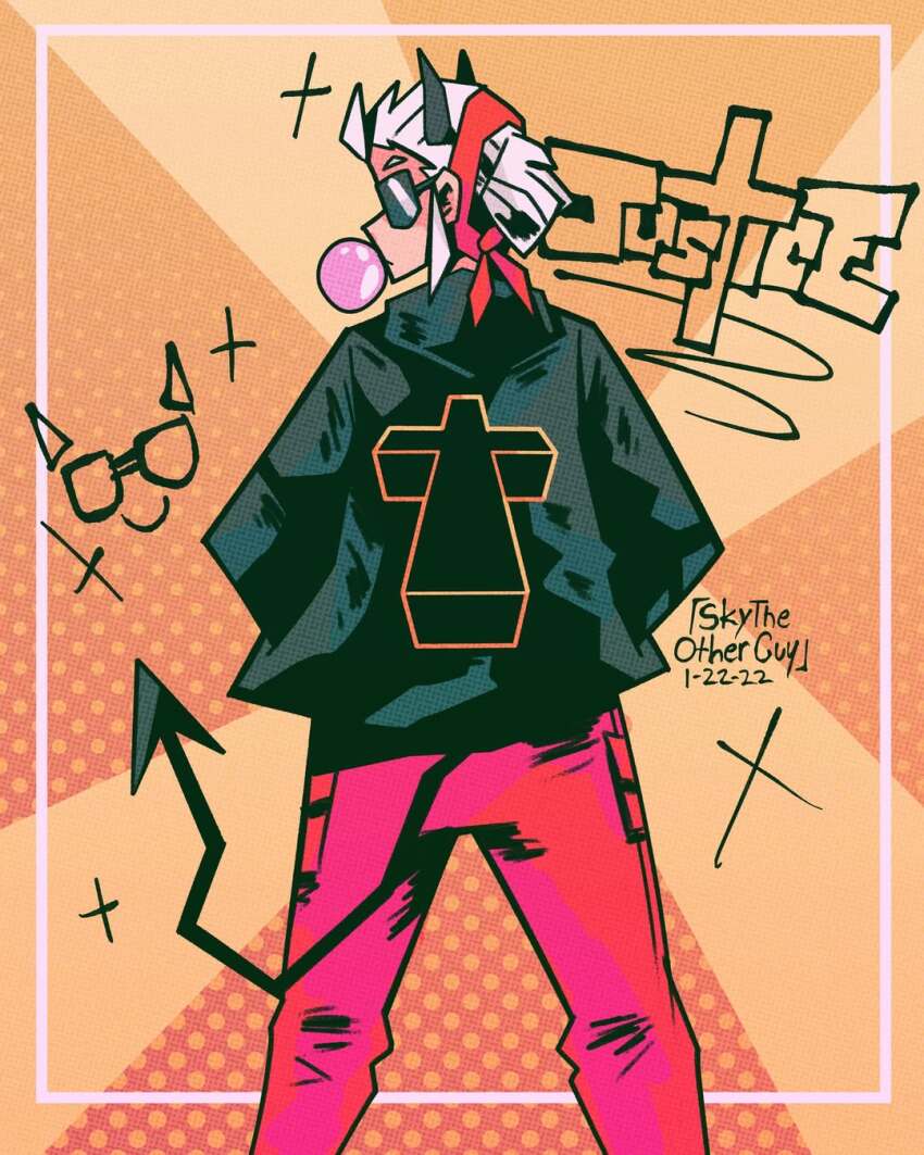 bubble, chewing_gum, demon_girl, helltaker, highres, horns, jacket, justice_(band), justice_(helltaker), looking_at_viewer, looking_back, pants, red_pants, sky_hawkins, sunglasses, tail, tomboy, white_hair