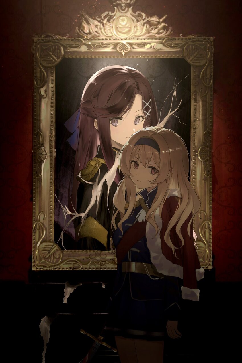 2girls, aiguillette, arm_at_side, belt, black_hairband, black_jacket, blonde_hair, brown_hair