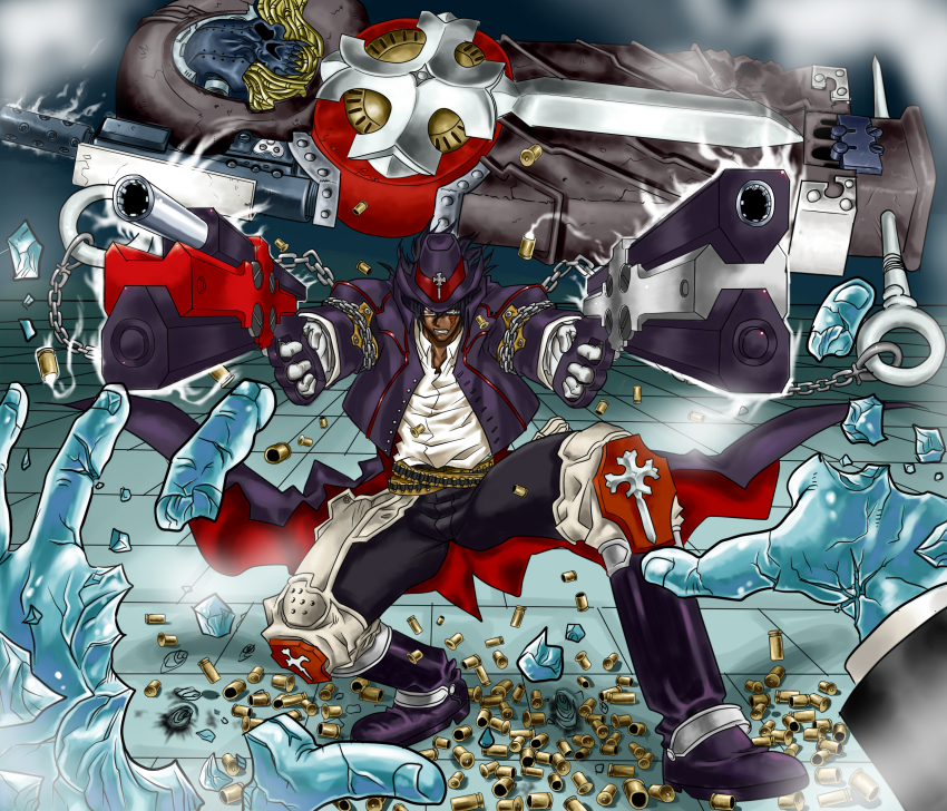 1boy, ammunition_belt, belt, beyond_the_grave, black_coat, brown_hair, bullet, chain