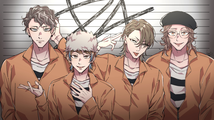 4boys, :p, adam's_apple, akune_rindo, arima_seigen, arms_at_sides, asymmetrical_bangs, bags_under_eyes