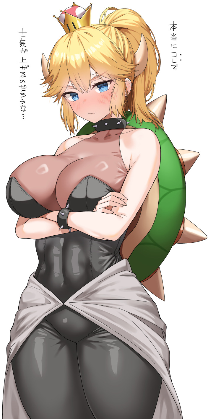 1girl, arm_under_breasts, bare_shoulders, black_dress, blonde_hair, blue_eyes, blush, bowsette, bracelet, breasts, cleavage, cowboy_shot, crossed_arms, crown, double-parted_bangs, dragon_horns, dress, embarrassed, full-face_blush, grey_overskirt, hair_between_eyes, hair_flaps, halter_dress, halterneck, highres, horns, imageboard_desourced, jewelry, large_breasts, linea_alba, long_hair, long_sidelocks, looking_at_viewer, mario_(series), nagase_haruhito, nervous_sweating, nintendo, overskirt, ponytail, see-through_cleavage, see-through_clothes, sidelocks, solo, spiked_bracelet, spikes, super_crown, sweat, thick_eyebrows, toned, toned_female, translation_request, turtle_shell