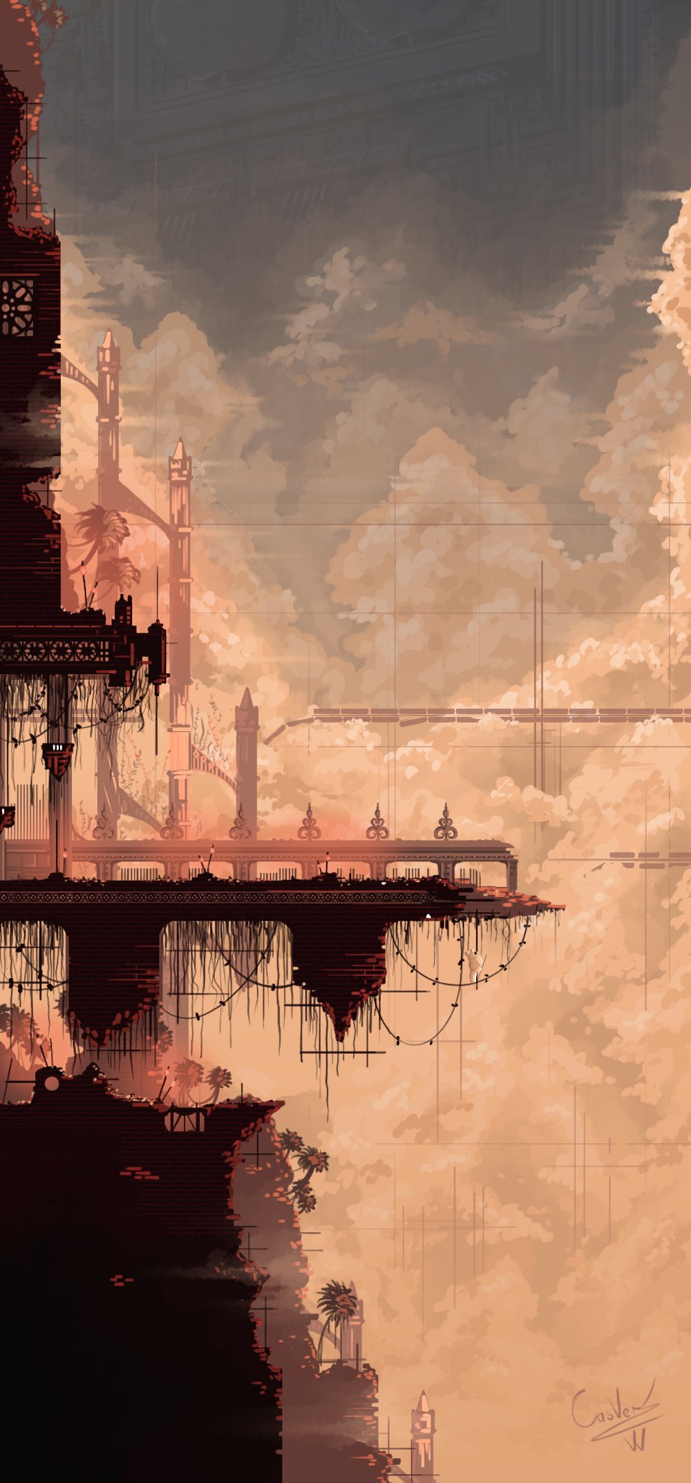 artist_name, bridge, building, cable, casver_w, cityscape, cloud, commentary, day, english_commentary, highres, lantern, no_humans, outdoors, pole, rain_world, ruins, scenery, skyscraper, tree