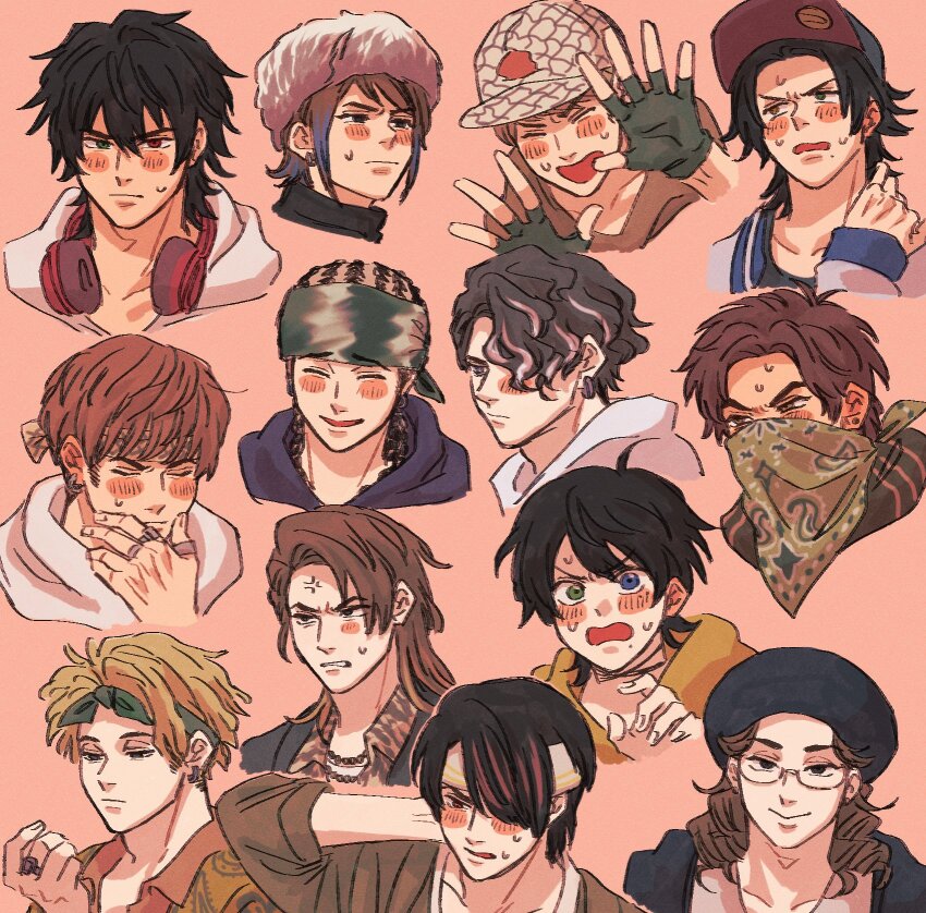 6+boys, :>, ^_^, adam's_apple, ahoge, akune_rindo, anger_vein, animal_print, arima_seigen, asymmetrical_bangs, averting_eyes, bandana, bandana_over_mouth, baseball_cap, black_eyes, black_hair, black_jacket, blank_stare, blonde_hair, blue_eyes, blush, blush_stickers, brown_eyes, brown_hair, brown_hoodie, brown_jacket, buster_bros!!!, chain, chain_necklace, check_clothing, choppy_bangs, clenched_teeth, closed_eyes, clothing_request, collarbone, collared_shirt, cornrows, covered_mouth, cropped_shoulders, curtained_hair, desperado-004, doan_kazusato, ear_blush, earrings, embarrassed, expressionless, film_grain, fingerless_gloves, fingernails, flustered, fur_hat, furrowed_brow, gloves, gradient_hair, green_bandana, green_eyes, hair_between_eyes, hair_over_one_eye, hand_on_own_chin, hand_on_own_neck, hands_up, hat, headphones, headphones_around_neck, heterochromia, highres, hood, hoodie, hoop_earrings, ho-zuki_jinpachi, hypnosis_mic, hypnosis_mic:_rule_the_stage, jacket, jewelry, jikuin_jyobu, jitome, kokuri_ryozan, komagata_masamune, layered_shirt, letterman_jacket, light_frown, looking_at_viewer, male_focus, medium_hair, mole, mole_under_eye, mole_under_mouth, multicolored_hair, multiple_boys, multiple_moles, multiple_rings, necklace, north_bastard, onigawara_bombers, open_hand, open_mouth, parted_bangs, partially_unbuttoned, peanut_mouth, pink_background, portrait, purple_hoodie, raised_eyebrows, raised_inner_eyebrows, red_eyes, ring, sanagi_kenei, senzankou25, shirt, short_hair, shy, sideburns, single_blush_sticker, smile, spread_fingers, streaked_hair, stud_earrings, sweat, sweatdrop, swept_bangs, tareme, teeth, thick_eyebrows, three-quarter_sleeves, thumb_ring, tiger_print, tsurime, turtleneck, u_u, undercut, v-shaped_eyebrows, wavy_hair, white_hoodie, yagasaki_ibuki, yamada_ichiro, yamada_jiro, yamada_saburo, yellow_eyes, yellow_hoodie, yellow_jacket, yougou_doushirou