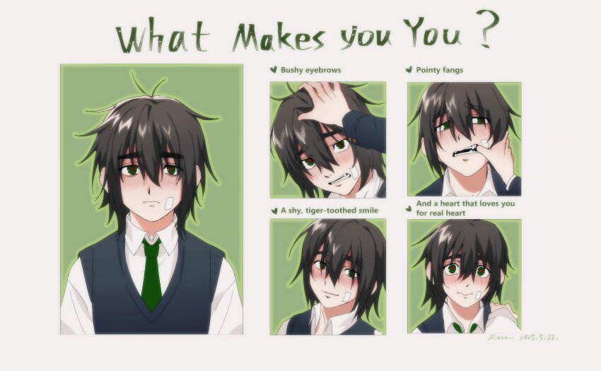 1boy, absurdres, black_hair, blue_sweater_vest, collared_shirt, degrees_of_lewdity, english_text, green_eyes