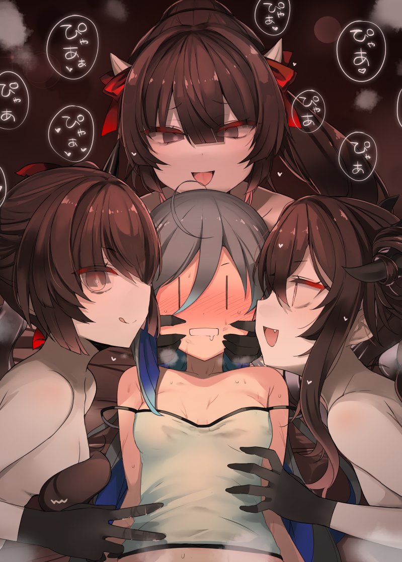 4girls, :q, abyssal_ship, black_gloves, black_hair, black_ribbon, blue_hair, blush, breasts, drooling, fang, gloves, grey_hair, hair_between_eyes, hair_over_one_eye, hair_ribbon, harem, heart, horns, kantai_collection, kiyoshimo_(kancolle), long_hair, mouth_drool, multicolored_hair, multiple_girls, nose_blush, open_mouth, pale_skin, ponytail, ra-class_destroyer, ra-class_destroyer_alpha, ra-class_destroyer_delta, ra-class_destroyer_gamma, ribbon, shin_(new), small_breasts, strap_slip, sweat, tongue, tongue_out, v, very_long_hair, yuri, |_|
