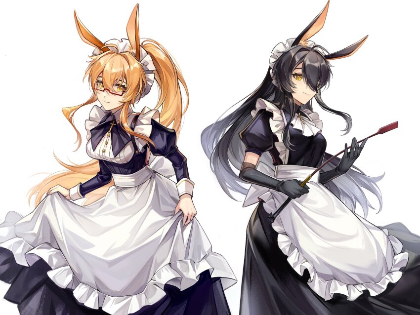2girls, animal_ears, apron, black_dress, black_gloves, black_hair, breasts, brown_eyes