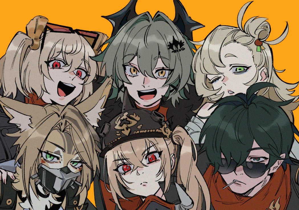 1boy, 5girls, :d, :o, ahoge, animal_ears, blonde_hair, burnice_white, caesar_king_(zenless_zone_zero), cat_ears, cat_girl, combat_helmet, eyewear_on_head, frown, furry, furry_female, green_eyes, green_hair, hair_bun, helmet, lighter_(zenless_zone_zero), long_hair, looking_at_viewer, luciana_de_montefio, mask, mouth_mask, multiple_girls, offnanoda, one_eye_closed, open_mouth, orange_background, orange_eyes, pickelhaube, piper_wheel, pulchra_fellini, red_eyes, red_scarf, scarf, short_hair, side_ponytail, smile, sons_of_calydon_(zenless_zone_zero), sunglasses, zenless_zone_zero