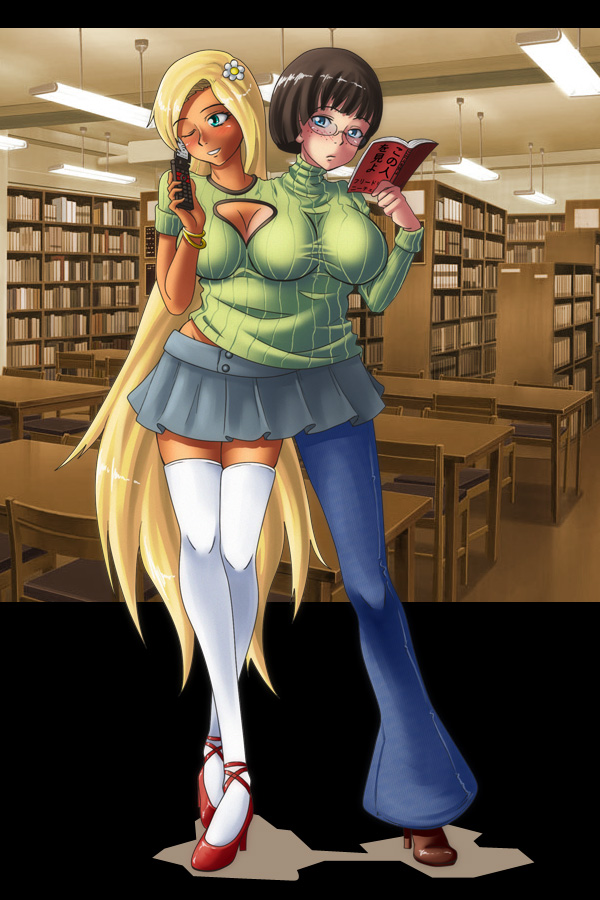 2girls, blonde_hair, blue_eyes, blush, book, breasts, brown_hair, conjoined, extra_breasts, female_focus, freckles, full_body, gamera_(artist), glasses, hair_ornament, high_heels, indoors, large_breasts, library, long_hair, miniskirt, multiple_girls, multiple_limbs, original, pants, shoes, short_hair, skirt, smile, standing, thighhighs, three_breasts, very_long_hair