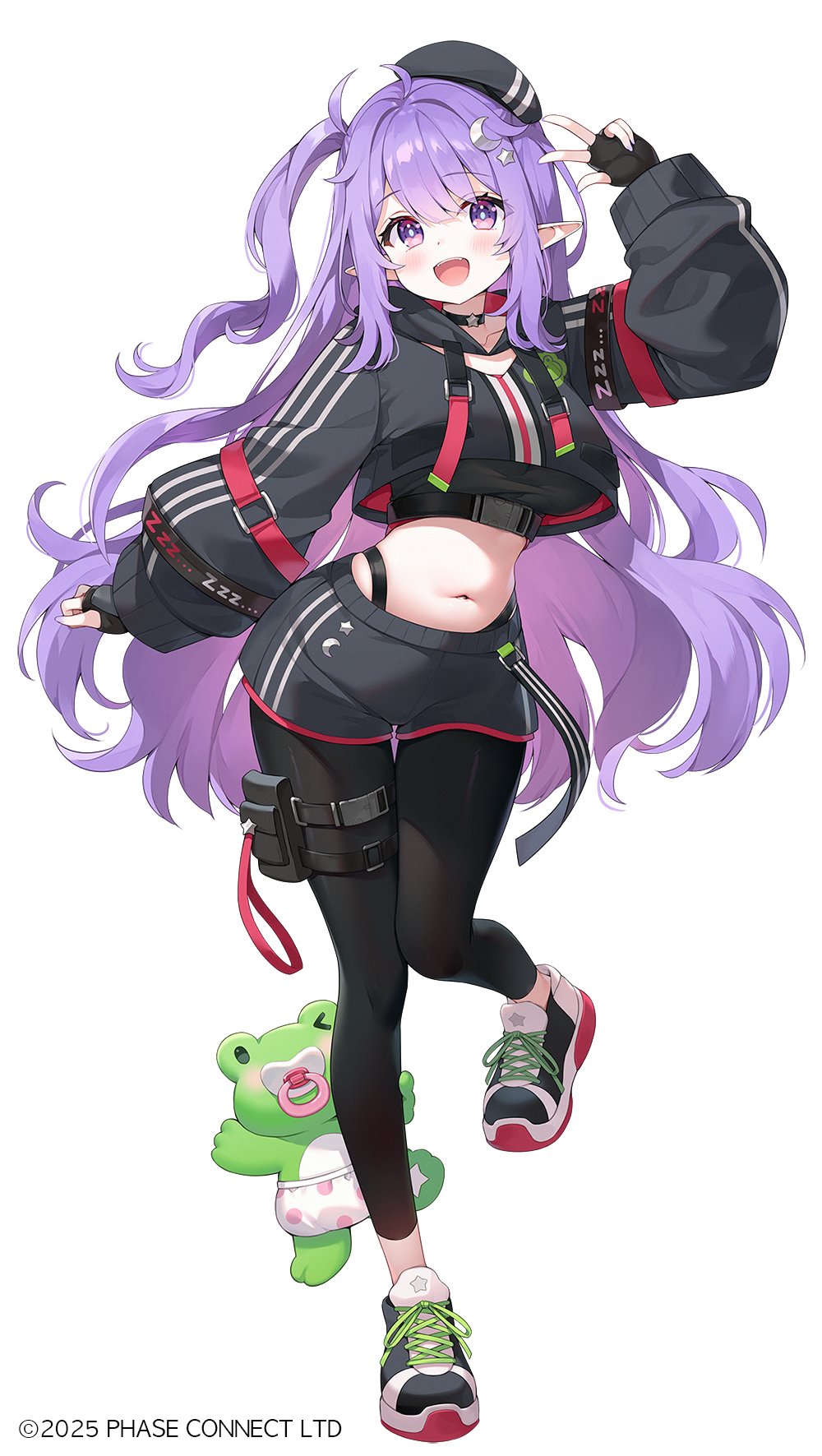 1girl, arm_up, ayamy, black_choker, black_hat, black_jacket, black_pantyhose, black_shirt