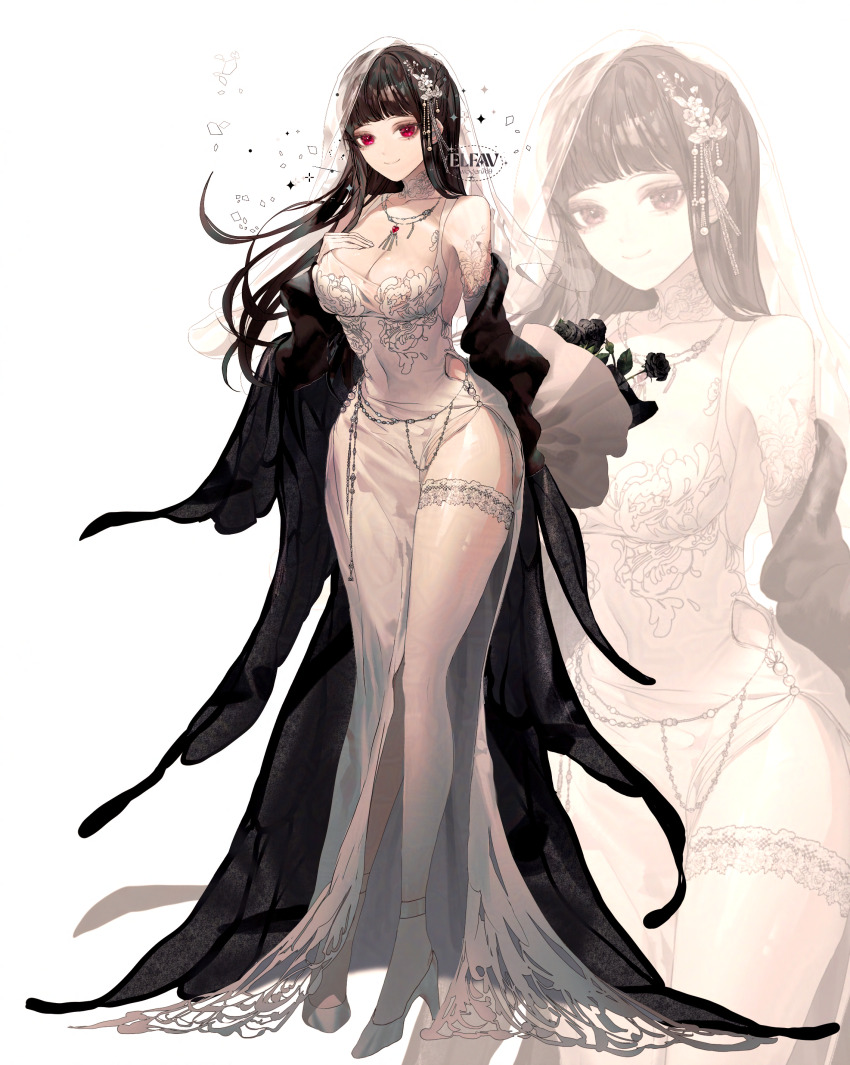 1girl, absurdres, alternate_costume, black_hair, bridal_veil, bride, d_(nikke), dress, elfav, goddess_of_victory:_nikke, highres, red_eyes, smile, solo, thick_thighs, thighs, user_zzzv3323, veil, wedding_dress, white_dress, wide_hips