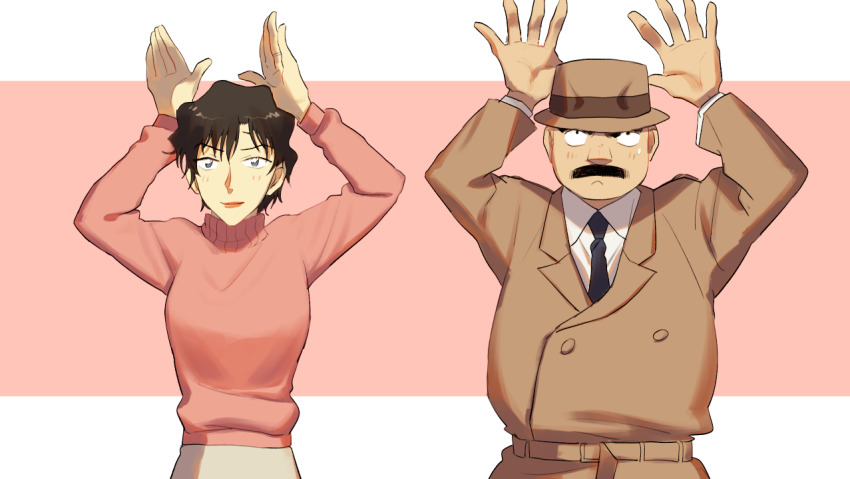 1boy, 1girl, arms_up, belt, black_hair, black_necktie, blue_eyes, blush, brown_belt, brown_hat, brown_jacket, closed_mouth, collared_shirt, cowboy_shot, czech_gana, dancing, facial_hair, hat, husband_and_wife, jacket, koi_dance, long_sleeves, megure_juuzou, megure_midori, meitantei_conan, mustache, necktie, pink_background, pink_sweater, shirt, short_hair, sweatdrop, sweater, white_shirt