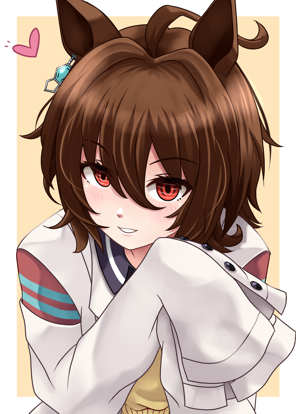 1girl, agnes_tachyon_(tach-nology)_(umamusume), agnes_tachyon_(umamusume), ahoge, animal_ear_piercing, animal_ears, blush, brown_hair