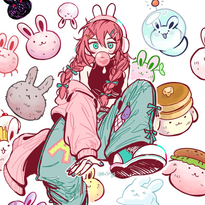 1girl, animal, animal_background, animal_ear_headphones, animal_ears, aqua_bow, aqua_eyes, aqua_pants