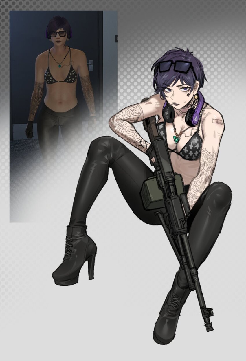 1girl, animification, arm_tattoo, bikini, bikini_top_only, black_bikini, black_boots, black_gloves, black_pants, boots, commentary, difman, english_commentary, eyewear_on_head, game_screenshot_inset, gloves, grand_theft_auto, grand_theft_auto_v, gun, headphones, headphones_around_neck, high_heel_boots, high_heels, highres, holding, holding_gun, holding_weapon, midriff, mouth_hold, navel, online_character_(gta_v), pants, purple_hair, short_hair, sitting, solo, stomach, sunglasses, swimsuit, tattoo, weapon