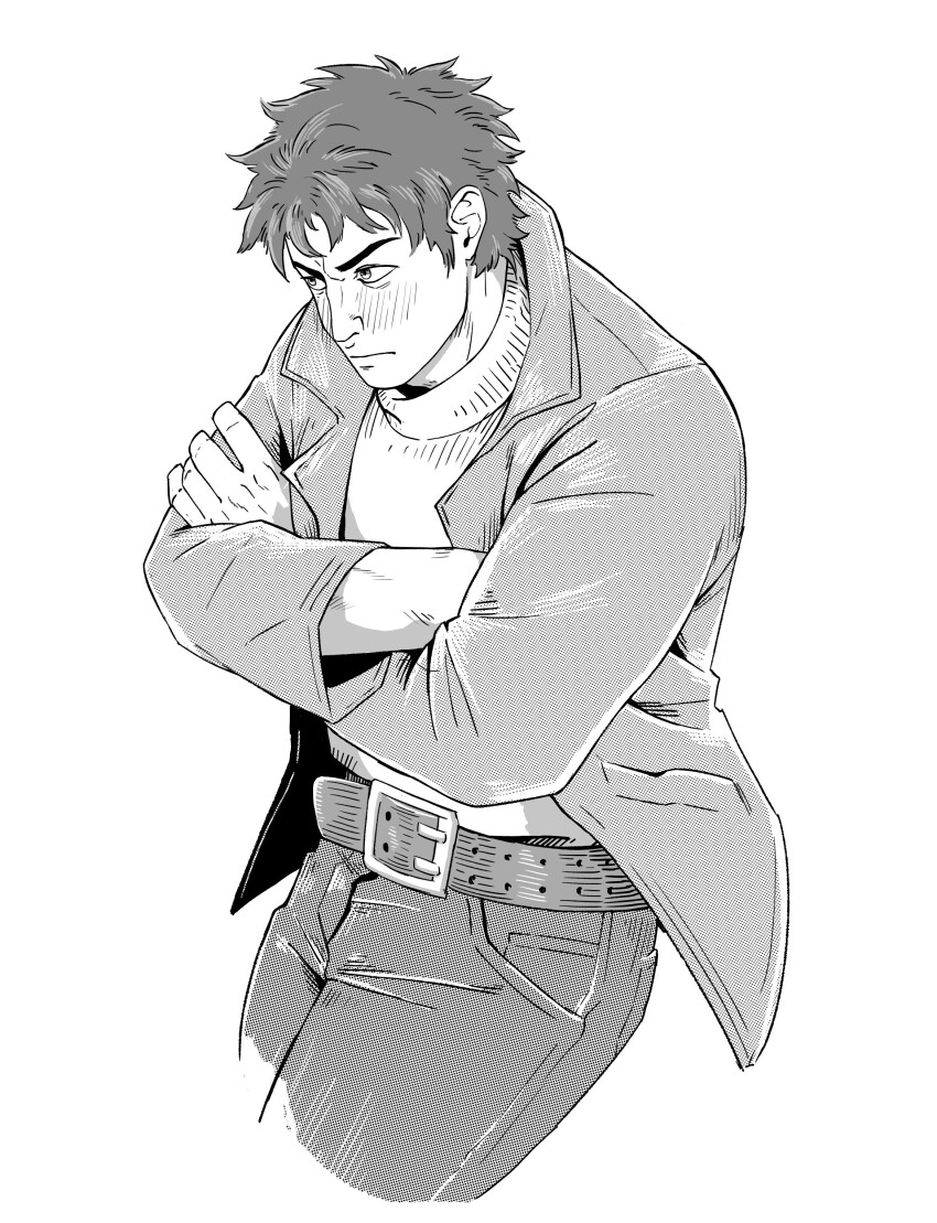 1boy, absurdres, belt, belt_buckle, blush, buckle, closed_mouth, commentary_request