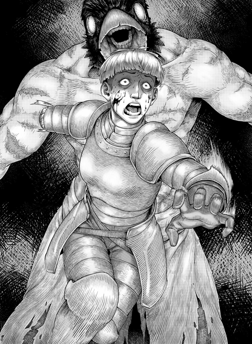 1boy, 1girl, absurdres, amputee, armor, bird_boy, blood, blood_on_face