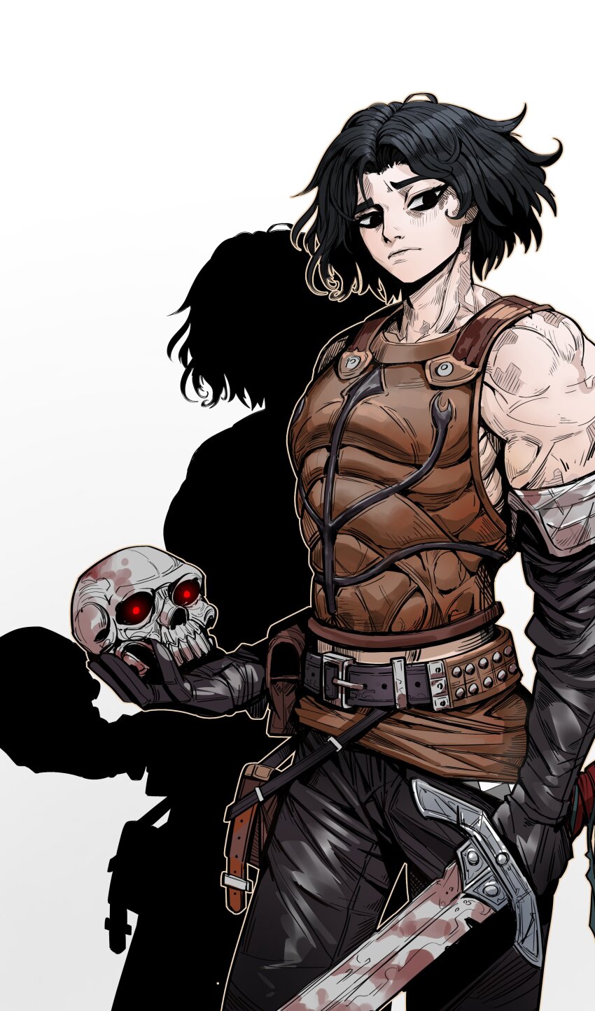 1boy, absurdres, armor, bare_shoulders, belt, black_eyes, black_gloves, black_hair, black_pants, brown_belt, cahara_(fear_&amp;_hunger), closed_mouth, elbow_gloves, fear_&amp;_hunger_(series), fear_&amp;_hunger_1, fold-over_gloves, gloves, goodwater, hashtag-only_commentary, highres, holding, holding_skull, holding_sword, holding_weapon, leather_armor, looking_at_viewer, midriff_peek, nantaimori, pants, shadow, short_hair, simple_background, skull, solo, sword, toned, toned_male, veins, veiny_arms, weapon, white_background