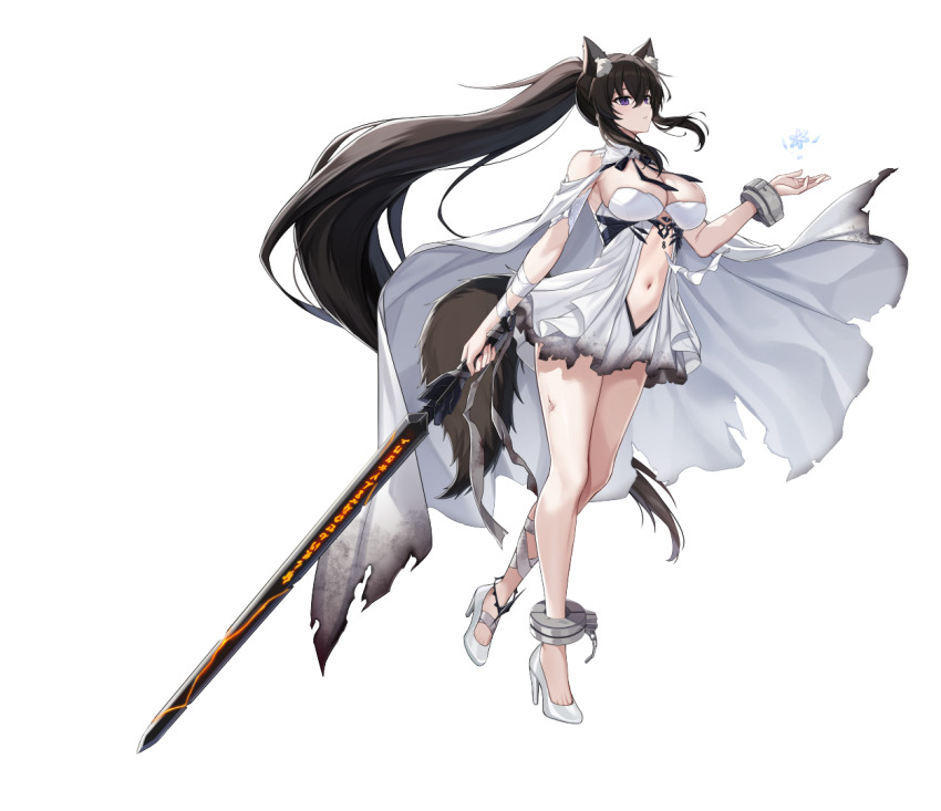 1girl, alpha_transparency, animal_ear_fluff, animal_ears, awakened_yoo_mina_(counter:side), bare_shoulders, black_ribbon, breasts