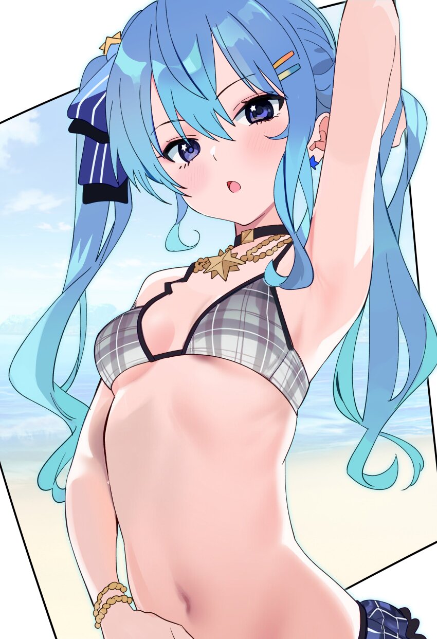 1girl, absurdres, alternate_costume, arm_up, armpits, asymmetrical_sidelocks, beach, bikini, black_choker, blue_eyes, blue_hair, blue_ribbon, bracelet, choker, day, double-parted_bangs, earrings, frilled_bikini, frills, gradient_hair, grey_bikini, hair_between_eyes, hair_ornament, hair_ribbon, hairclip, hashtag-only_commentary, highres, holding, holding_own_hair, hololive, hoshimachi_suisei, hutaba_haru, jewelry, long_hair, looking_at_viewer, multicolored_hair, navel, necklace, open_mouth, outdoors, parallel_hairclips, plaid_bikini, plaid_clothes, ribbon, sidelocks, solo, star_(symbol), star_earrings, star_in_eye, stomach, swimsuit, symbol_in_eye, twintails, virtual_youtuber