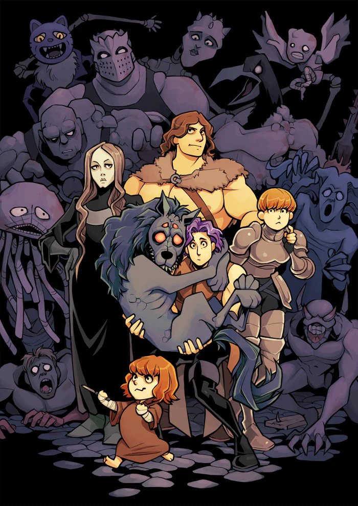 2girls, 5boys, animal, armor, barbarian, black_boots, black_robe, boobplate, boots, breastplate, brown_dress, brown_hair, cahara_(fear_&amp;_hunger), capelet, cat_mask, child, commentary, crow_mauler, d'arce_(fear_&amp;_hunger), dress, english_commentary, enki_(fear_&amp;_hunger), extra_eyes, fear_&amp;_hunger_(series), fear_&amp;_hunger_1, fold-over_boots, fur_capelet, h0lyhandgrenade, holding, holding_animal, knight, long_hair, looking_at_viewer, mask, monster, moonless_(fear_&amp;_hunger), multiple_boys, multiple_girls, orange_hair, pocketcat_(fear_&amp;_hunger), prison_guard_(fear_&amp;_hunger), purple_hair, purple_mask, ragnvaldr_(fear_&amp;_hunger), red_eyes, red_hair, robe, scooby-doo_(series), short_hair, the_girl_(fear_&amp;_hunger), thigh_boots, yellow_eyes