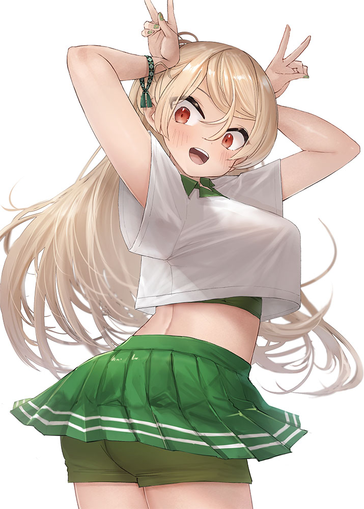 1girl, alternate_costume, bike_shorts, blush, breasts, brown_eyes, conte_di_cavour_(kancolle), cosplay, covered_underboob, green_shorts, green_skirt, kantai_collection, large_breasts, long_hair, looking_at_viewer, minneapolis_(kancolle), minneapolis_(tennis)_(kancolle), minneapolis_kai_(kancolle), open_mouth, polo_shirt, shirt, shorts, skirt, smile, solo, sportswear, tennis_court, tennis_skirt, tennis_uniform, toka_(marchlizard), two_side_up