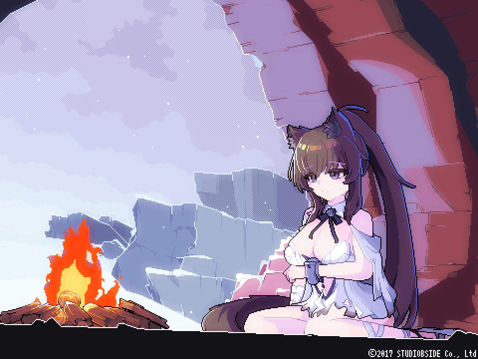 1girl, 2017, animal_ear_fluff, animal_ears, animated, animated_gif, awakened_yoo_mina_(counter:side), bare_shoulders, black_ribbon, blinking, breasts, breath, breathing_on_hands, brown_hair, campfire, cave, cleavage, cold, company_name, copyright_notice, counter:side, dress, frown, large_breasts, long_hair, looking_down, looping_animation, neck_ribbon, official_alternate_costume, official_art, pixel_art, purple_eyes, ribbon, short_dress, single_wrist_cuff, sitting, snowing, solo, tail, torn_clothes, torn_dress, trembling, warming_hands, white_dress, wolf_ears, wolf_girl, wolf_tail, wrist_cuffs, yokozuwari, yoo_mina