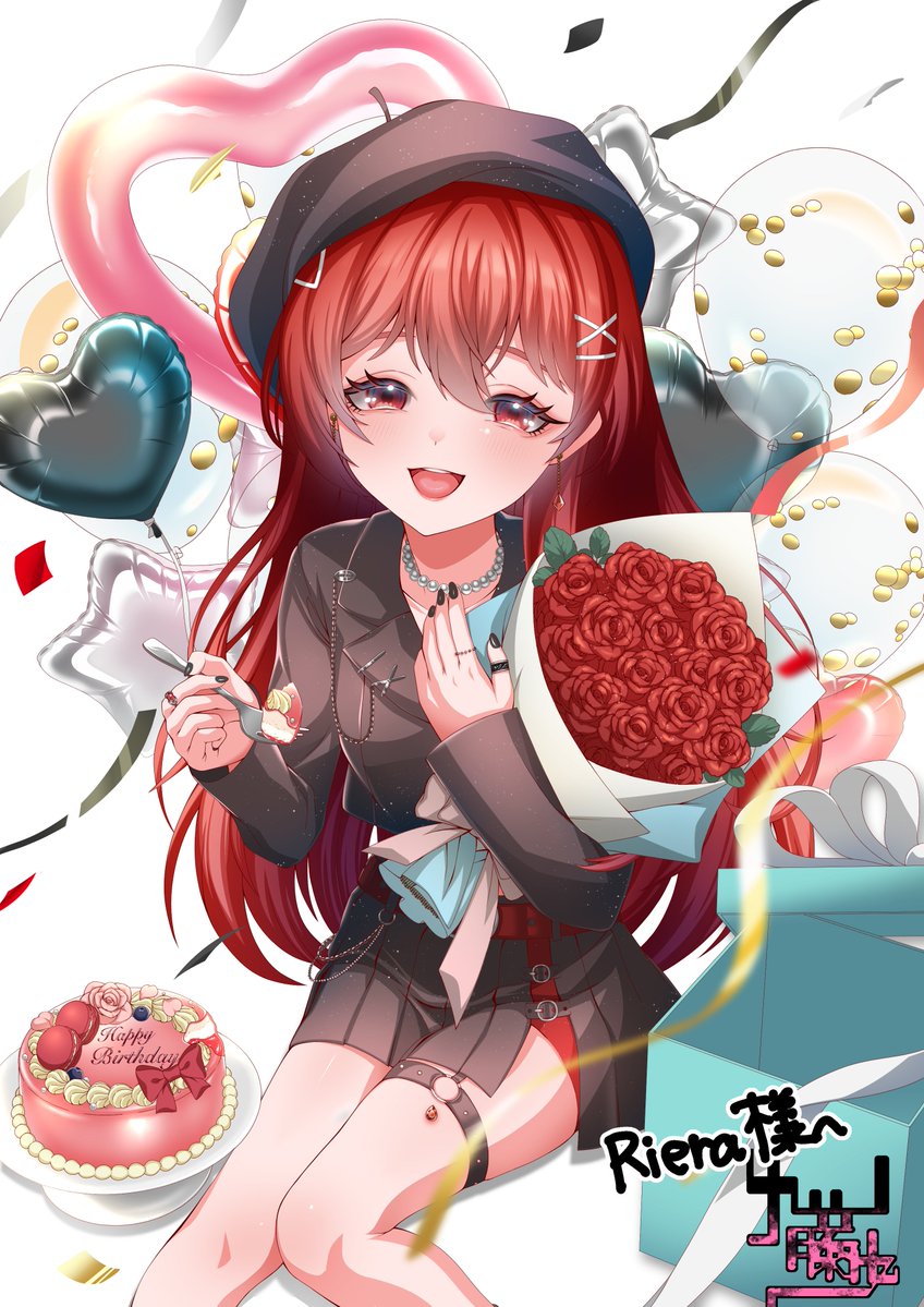 1a1acthulhu, 1girl, balloon, black_hat, black_jacket, black_nails, black_skirt, bouquet