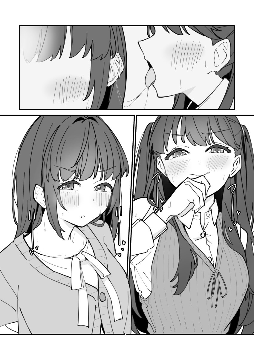 2girls, :q, absurdres, bare_shoulders, blush, breasts, cardigan, closed_mouth