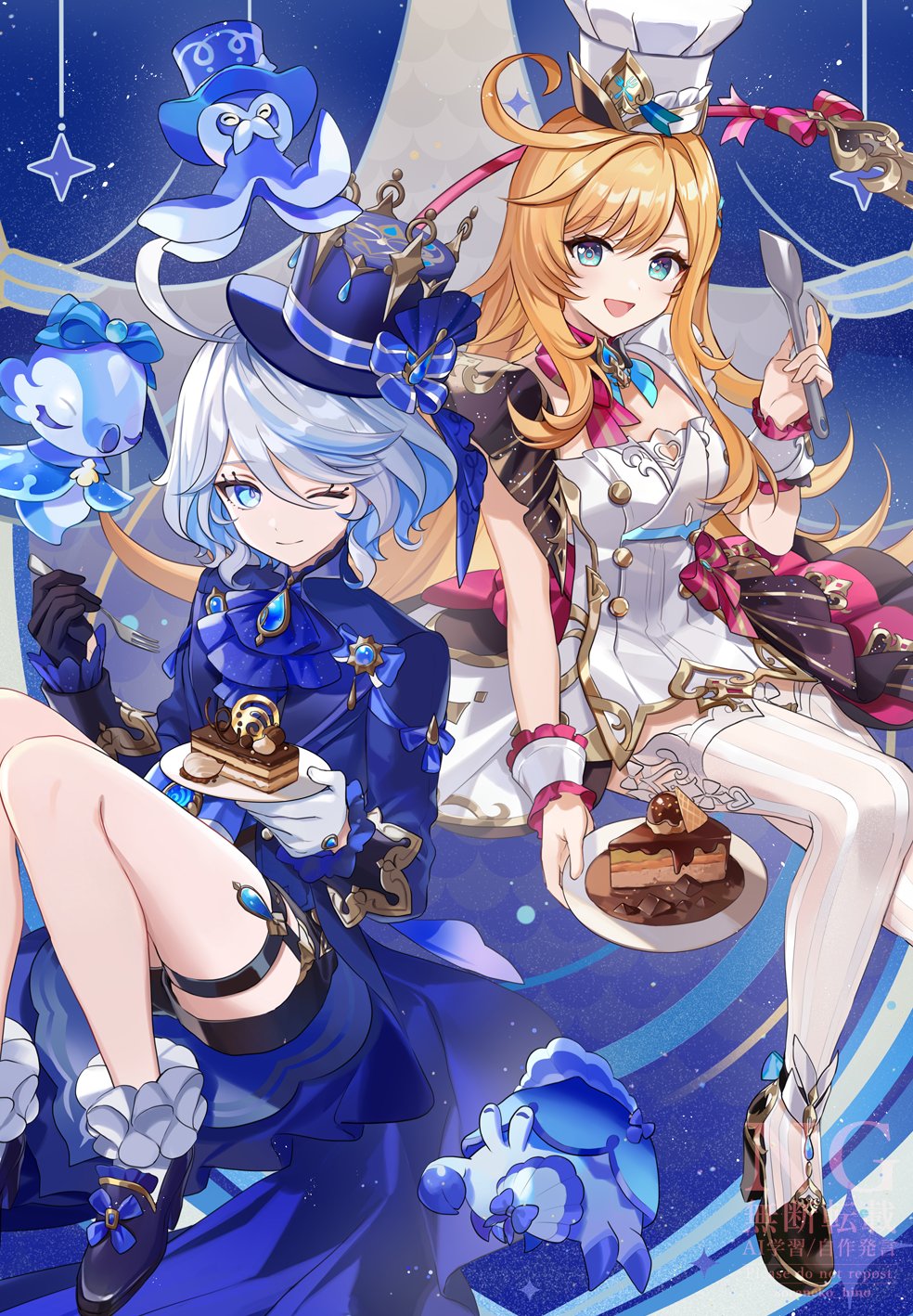 2girls, ahoge, asymmetrical_gloves, black_gloves, black_hat, black_shoes, black_shorts, blonde_hair