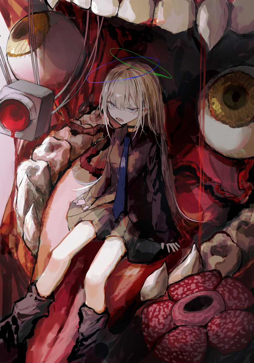 1girl, black_choker, black_shirt, black_skirt, blonde_hair, blue_eyes, blue_necktie, choker