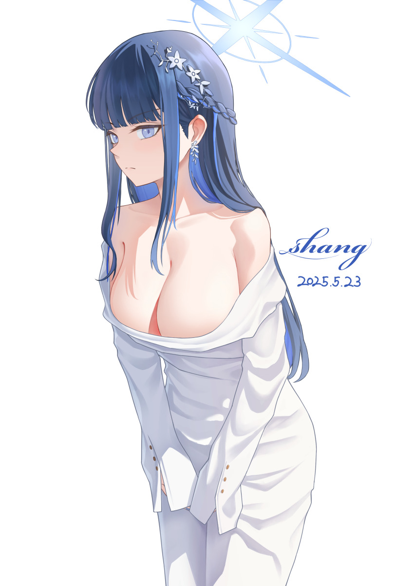 1girl, absurdres, adapted_costume, artist_name, bare_shoulders, black_hair, blue_archive, blue_eyes