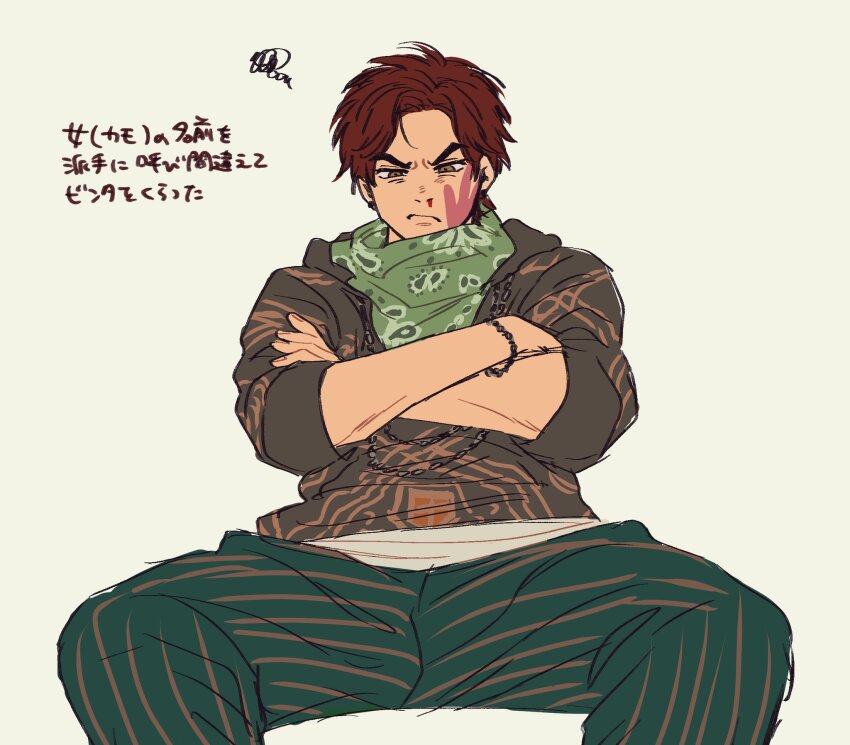 1boy, baggy_pants, bandana, bandana_around_neck, blood, brown_eyes, brown_hoodie, chain