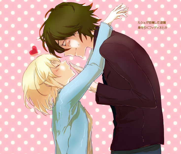 1boy, 1girl, blonde_hair, blush, brown_hair, closed_eyes, fideo_aldena, heart