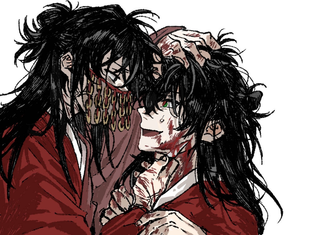 1325480966, 2boys, black_eyes, black_hair, blade_to_throat, blood, blood_on_clothes, blood_on_face, blood_on_hands, blood_on_neck, chinese_clothes, chinese_commentary, coat, coin, coin_mask, covered_mouth, cuts, dao_gui_yi_xian, eye_contact, face-to-face, from_side, grabbing_another's_hair, green_eyes, hair_between_eyes, hair_bun, half_updo, hand_on_another's_head, hanfu, holding, holding_another's_hair, holding_knife, holed_coin, hong_zhong_(illusory), injury, knife, li_huowang, long_hair, long_sleeves, looking_at_another, male_focus, mask, messy_hair, mouth_veil, multiple_boys, open_mouth, profile, red_coat, robe, simple_background, single_hair_bun, smile, sweatdrop, upper_body, veil, white_background, wide_sleeves, yaoi