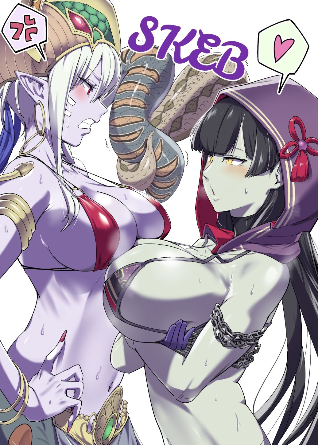 2girls, anger_vein, aoi_takeru, asymmetrical_docking, bikini, bikini_top_only, black_hair, blush